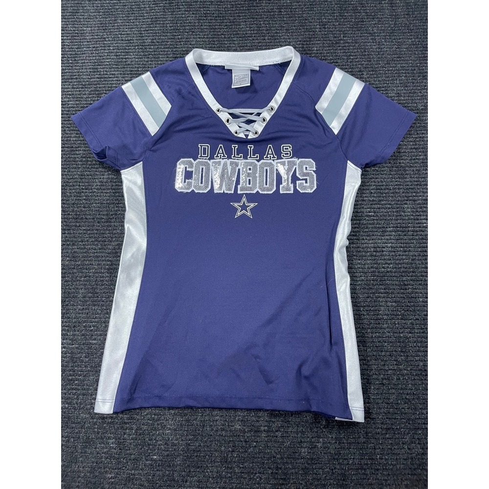 Dallas Cowboys Authentic Lace Up Jersey Shirt Navy Blue Silver Sequins Small - Picture 2 of 8